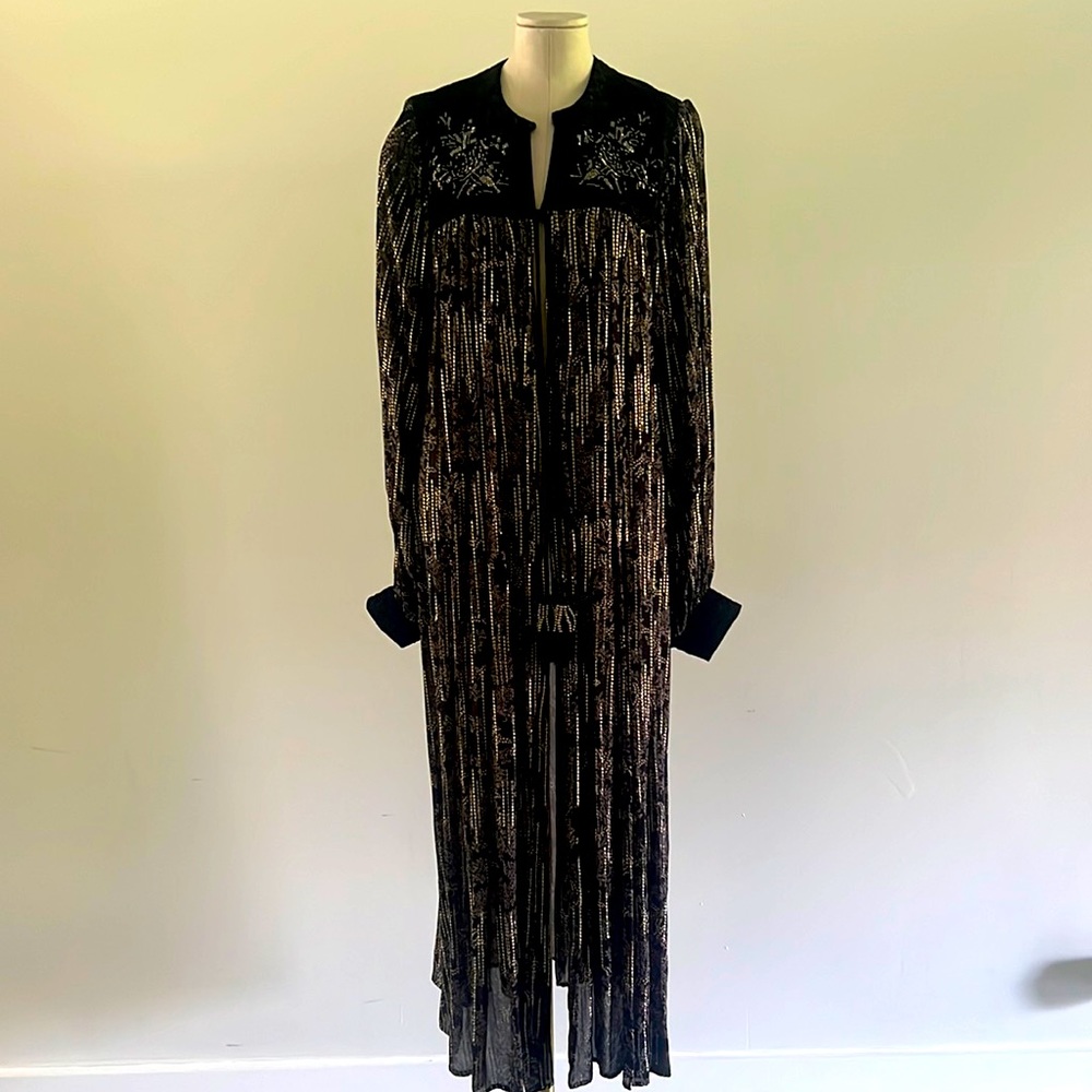Zara Velvet Gold Embroidered Sheer Duster Kimono Coat